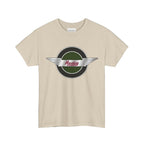 Beige t-shirt with a Healey logo on a white background