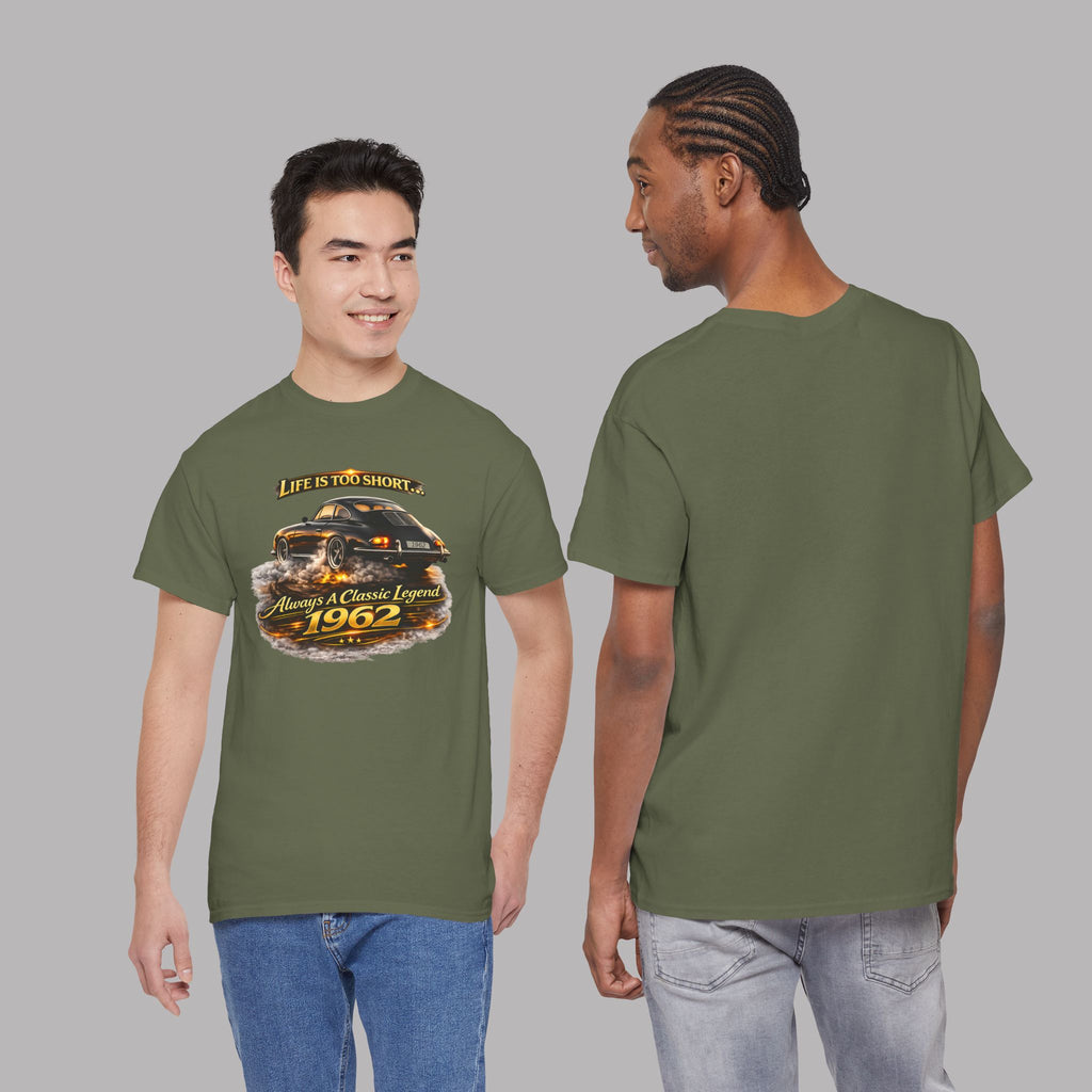 Two people wearing a military green t-shirt with a classic car graphic design on a gray background