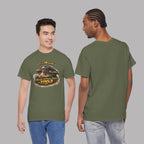 Two people wearing a military green t-shirt with a classic car graphic design on a gray background