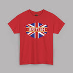 Red t-shirt with a Union Jack design and 'BRITISH' text on a gray background