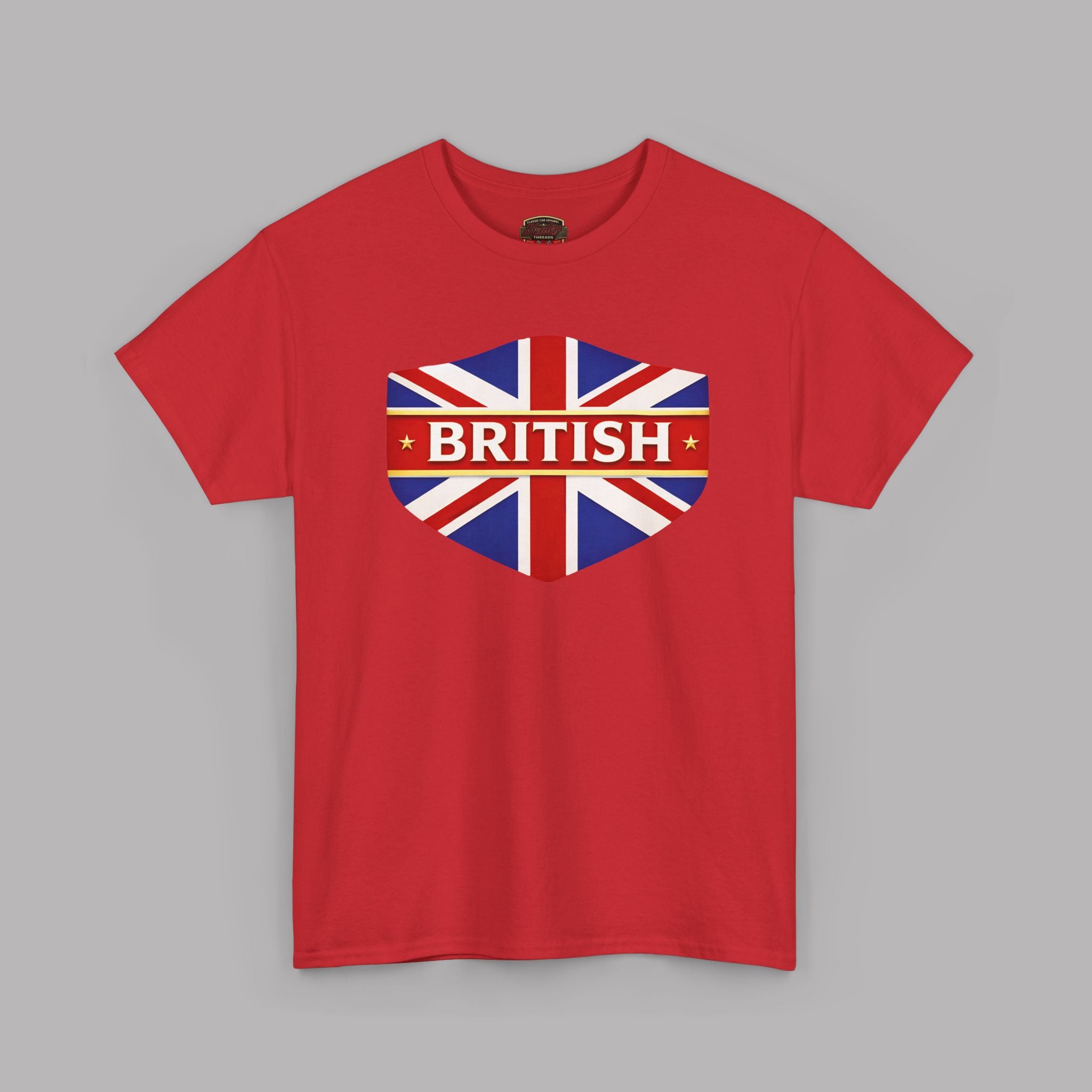 Red t-shirt with a Union Jack design and 'BRITISH' text on a gray background