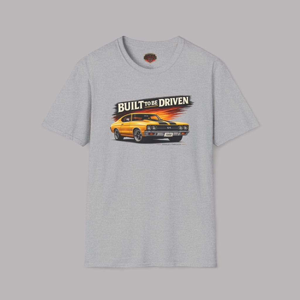 Sport gray t-shirt with a graphic of a car and 'Built to be Driven' text on a gray background