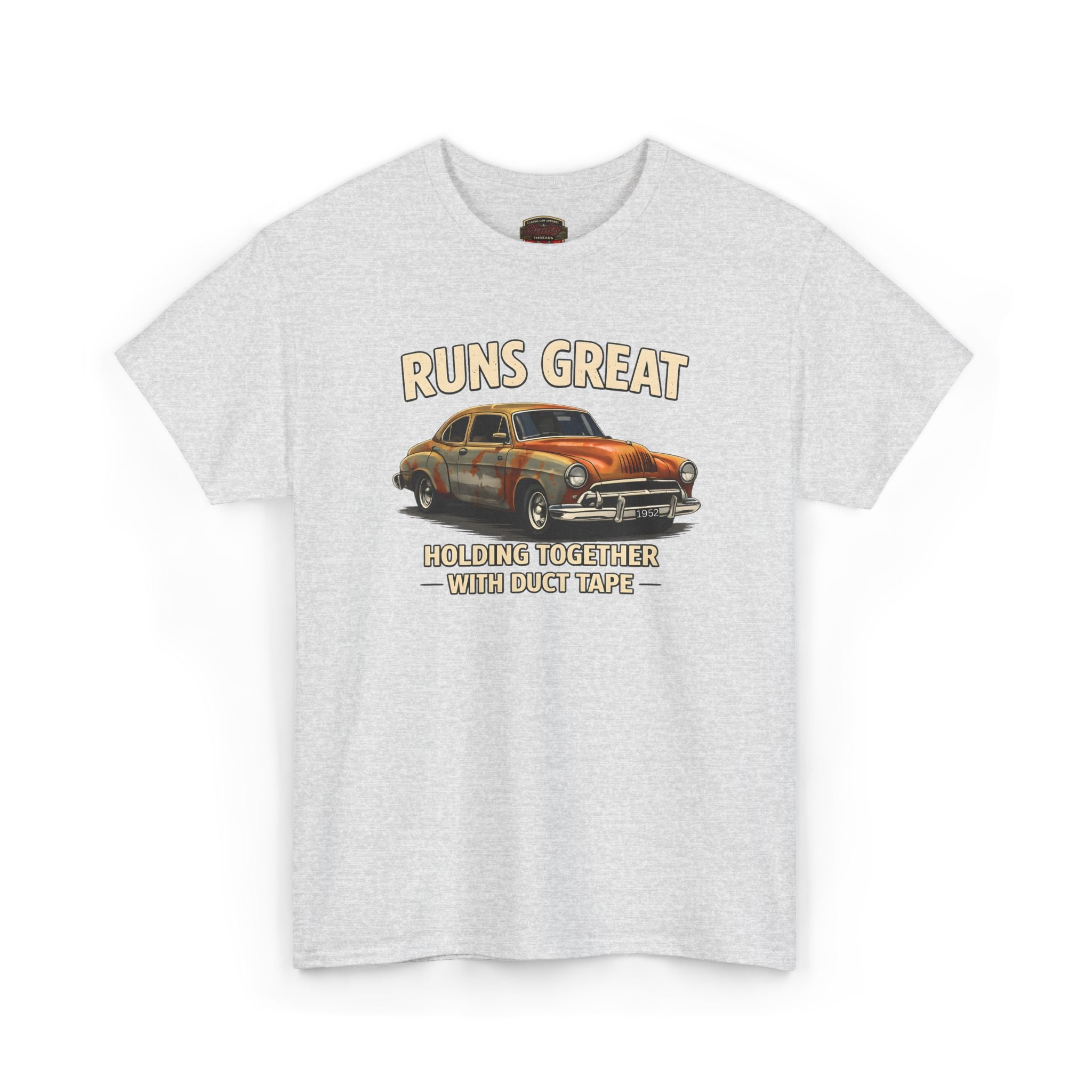 Ash gray t-shirt with a graphic of a car and text on a white background