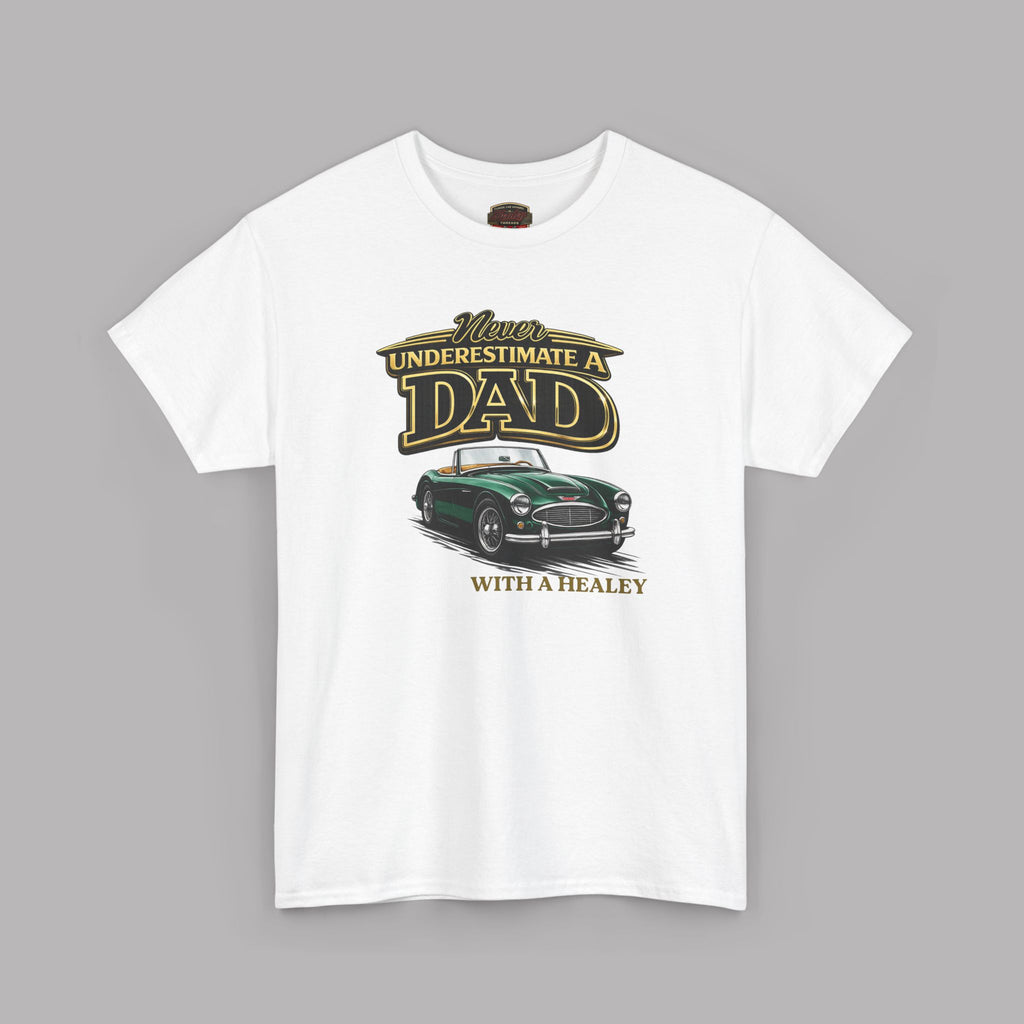 White t-shirt with a graphic design of a car and text on a gray background