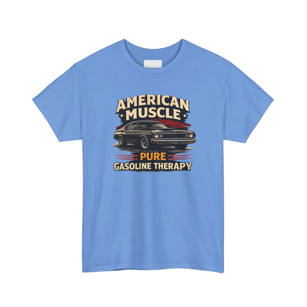 Carolina blue t-shirt with American Muscle graphic design on a white background