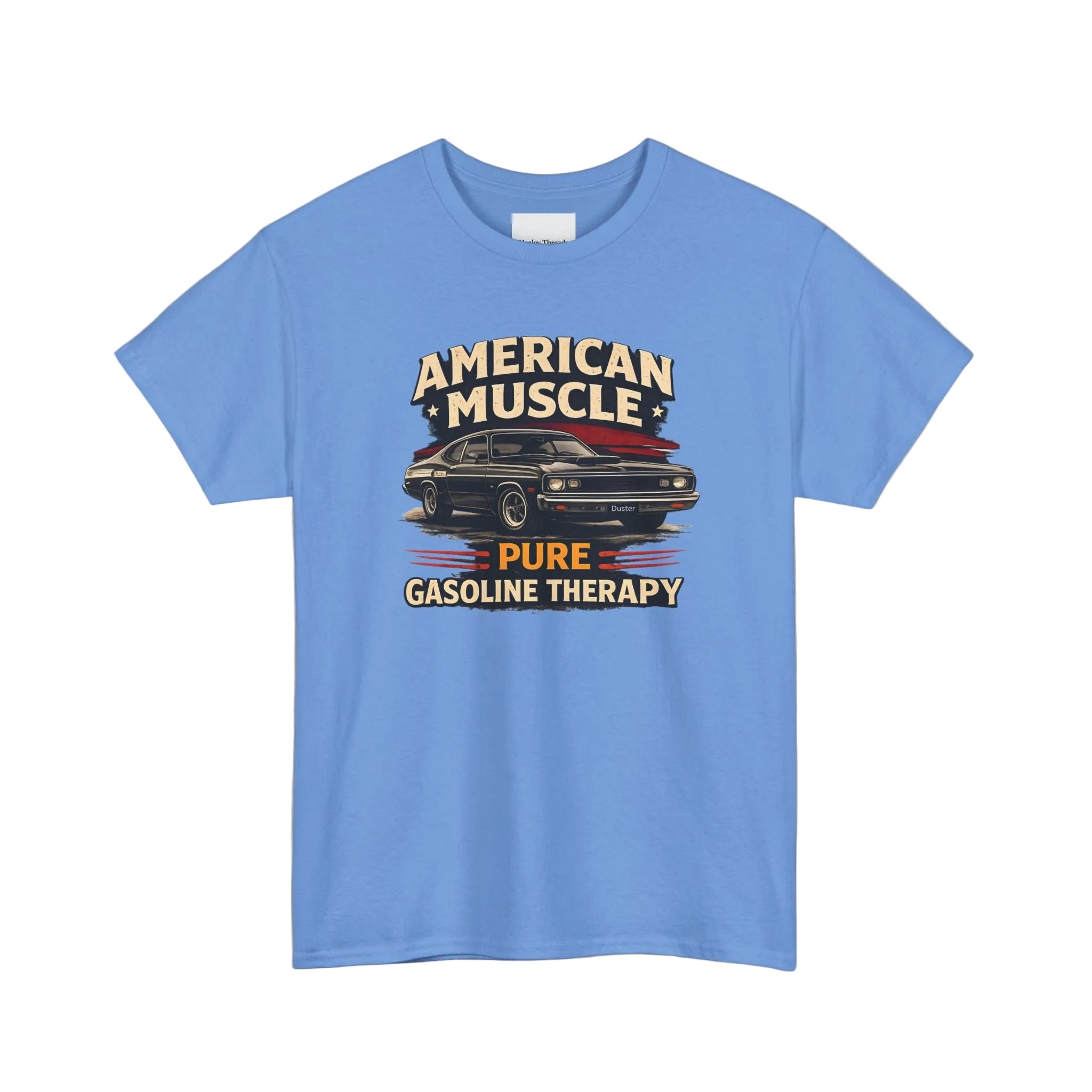 Carolina blue t-shirt with American Muscle graphic design on a white background