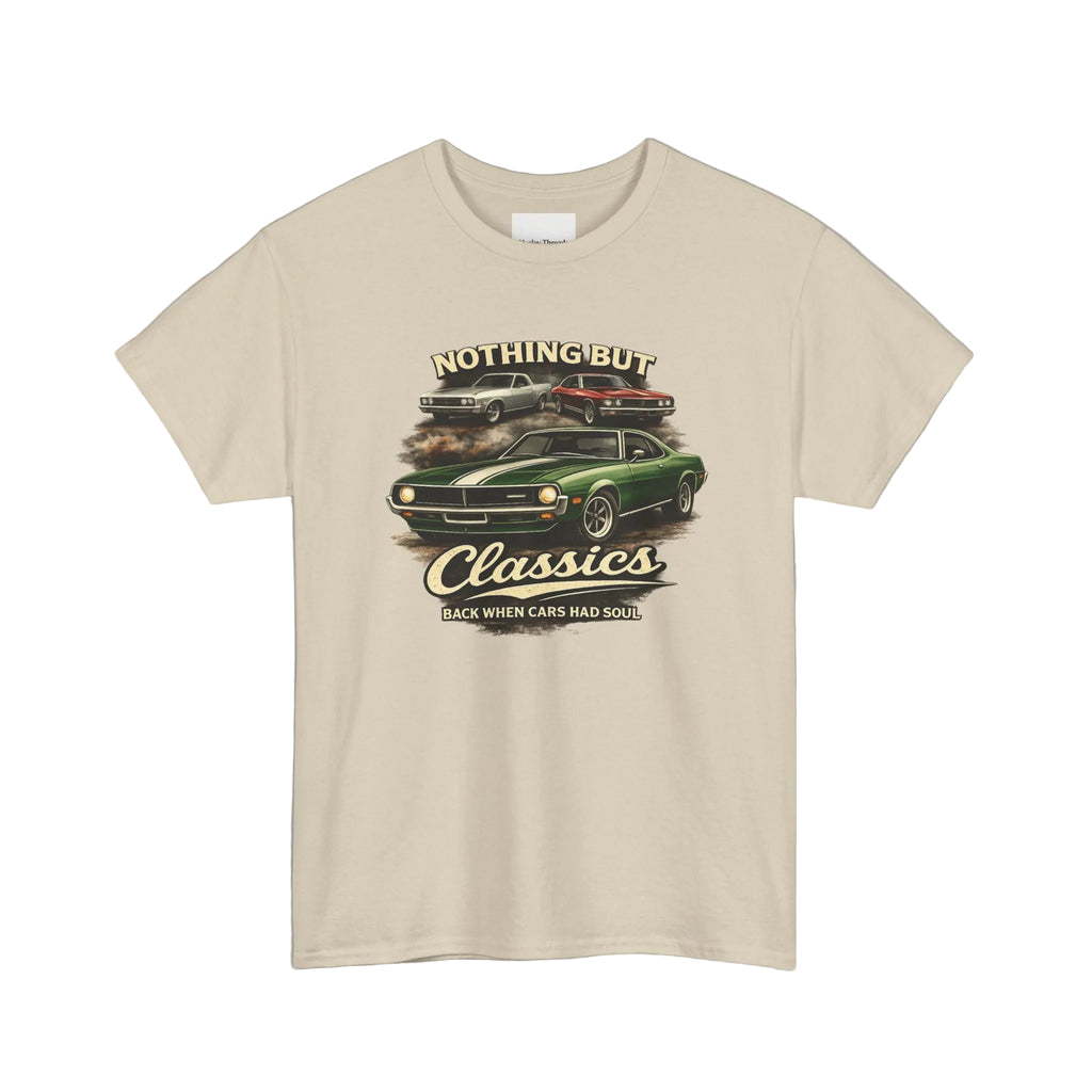 Beige t-shirt with classic car graphic and text on a white background