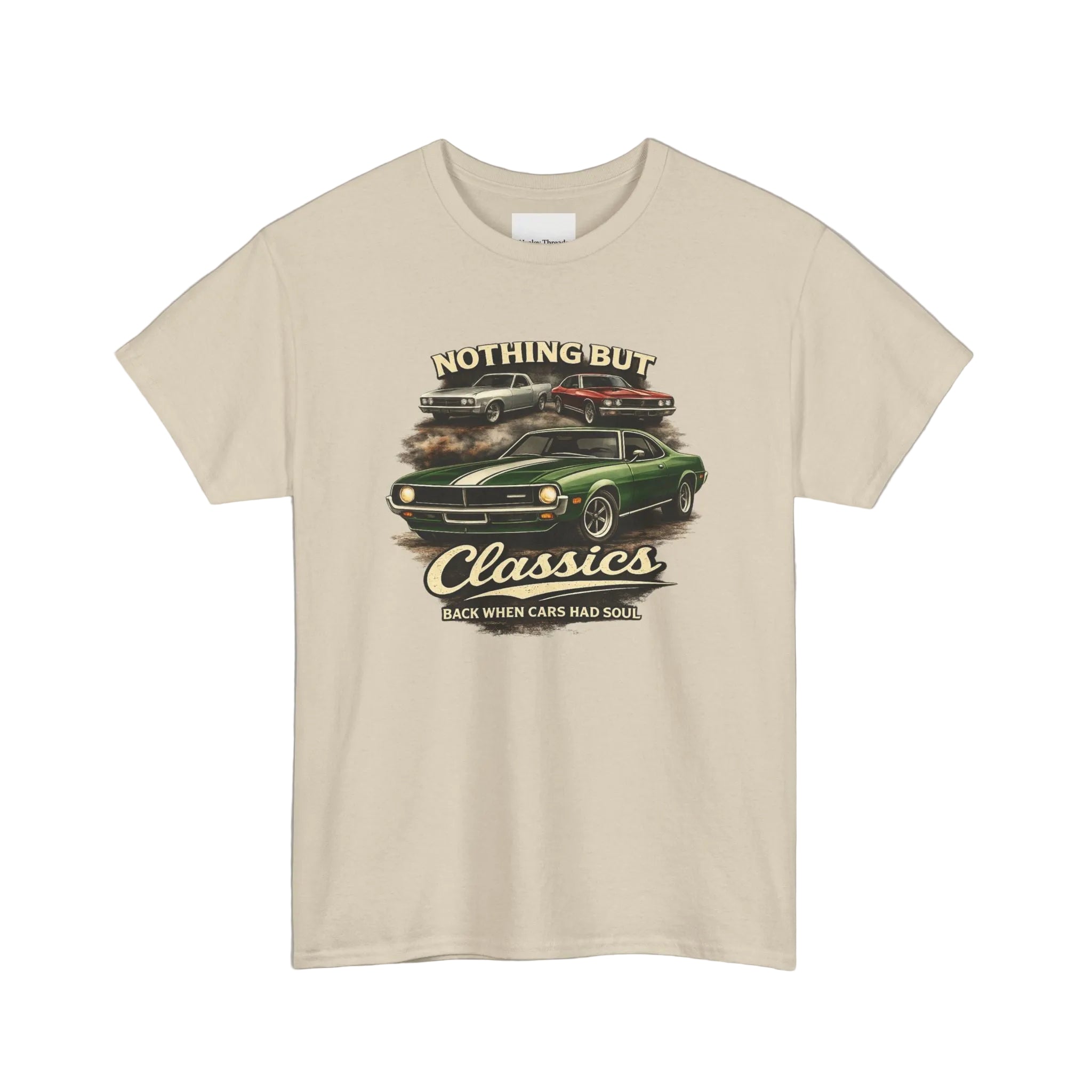 Beige t-shirt with classic car graphic and text on a white background