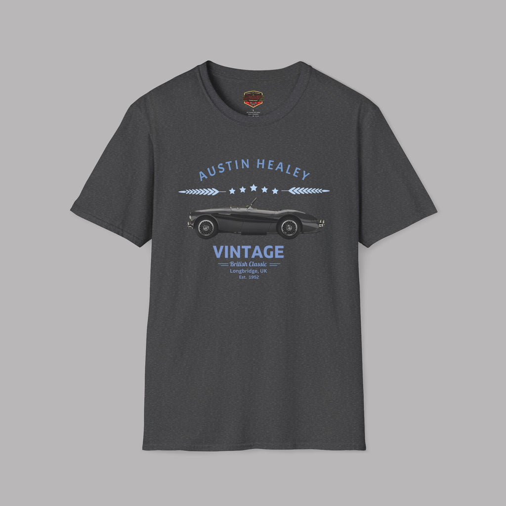 Dark heather t-shirt with vintage car graphic and text on a gray background