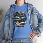 Girl wearing a blue t-shirt with car graphic and text, paired with a denim jacket.