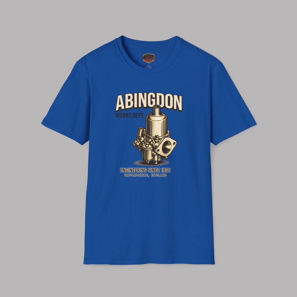 Royal blue t-shirt with a gold carburetor graphic and 'Abingdon' text on a gray background