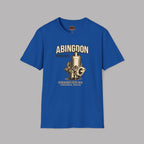 Royal blue t-shirt with a gold carburetor graphic and 'Abingdon' text on a gray background