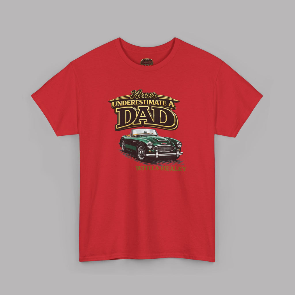 Red t-shirt with a graphic of a green car and text on a gray background