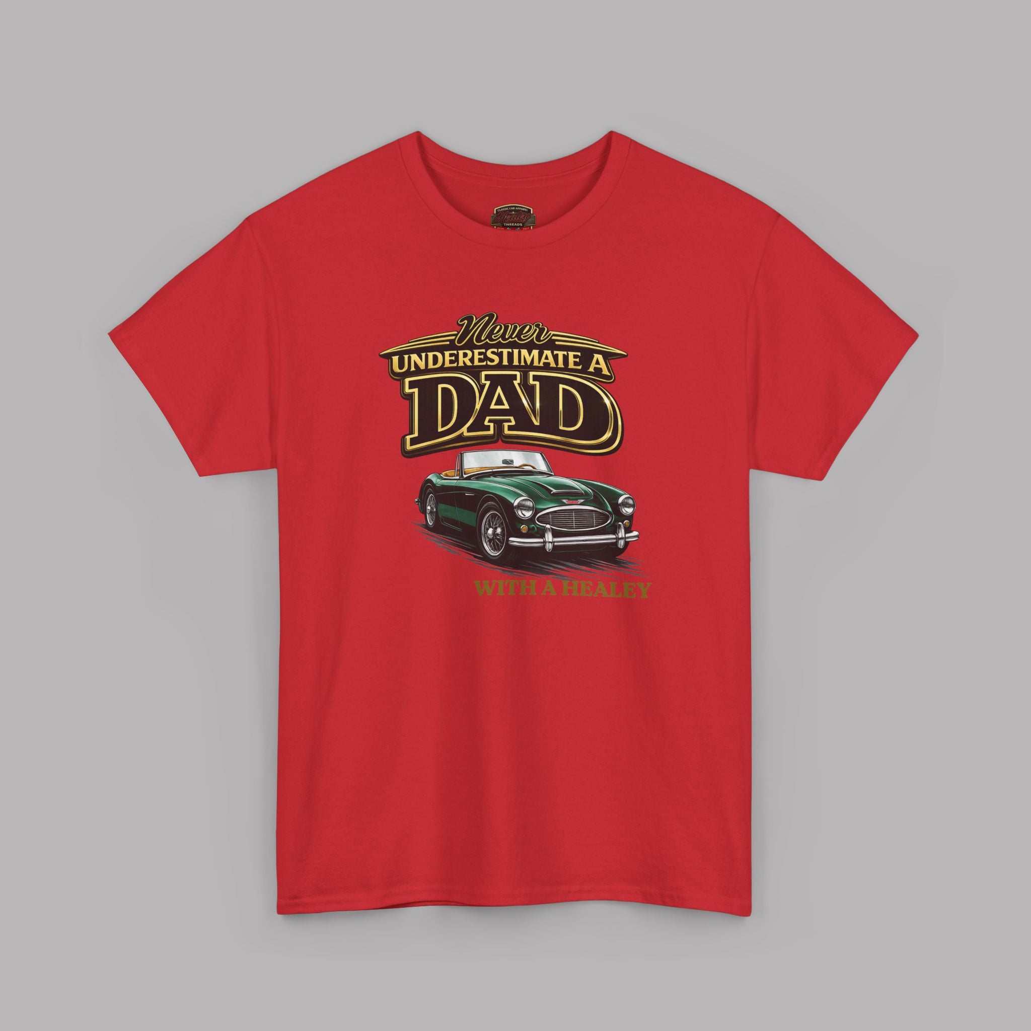 Red t-shirt with a graphic of a green car and text on a gray background