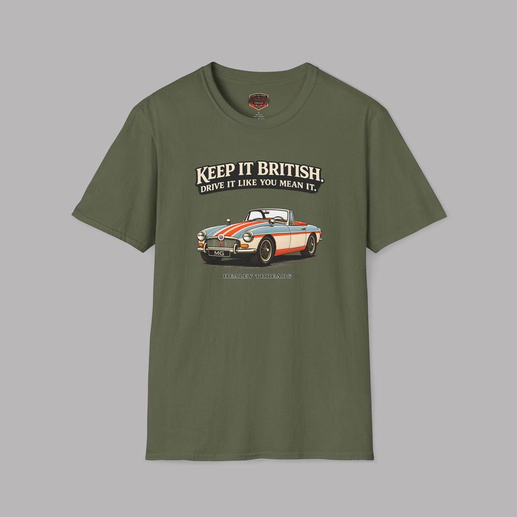 Military green t-shirt with a graphic of a Classic MGB car n a gray background
