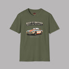 Military green t-shirt with a graphic of a Classic MGB car n a gray background