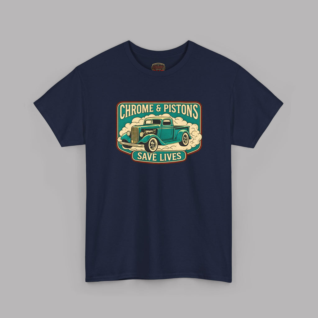 Chrome and Pistons T-Shirt – Vintage Hot Rod Graphic Tee