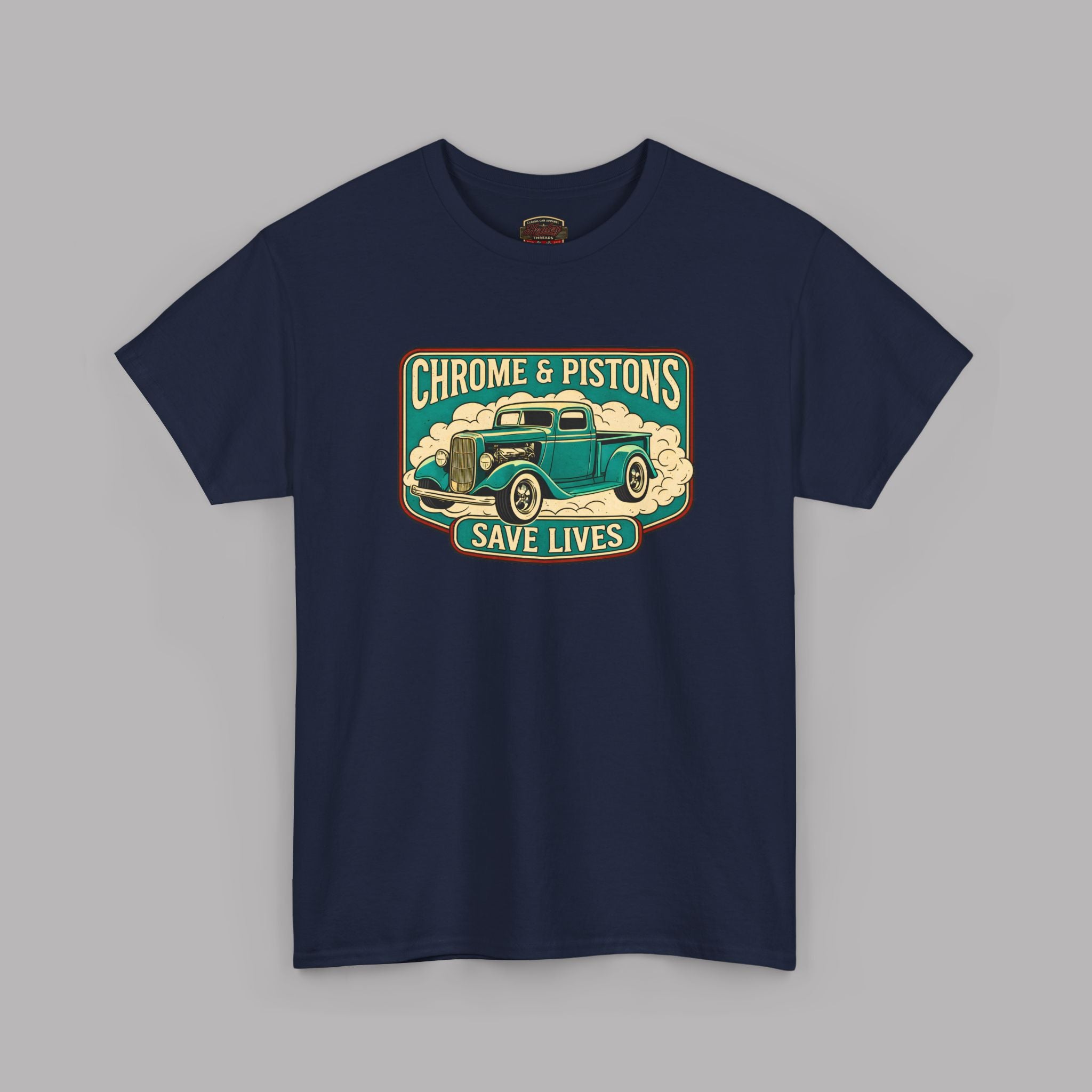 Chrome and Pistons T-Shirt – Vintage Hot Rod Graphic Tee