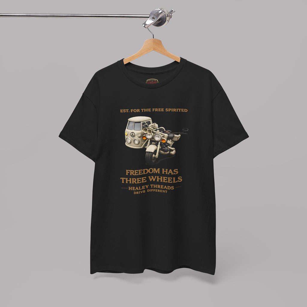 Black t-shirt with graphic design and text on a hanger against a gray background
