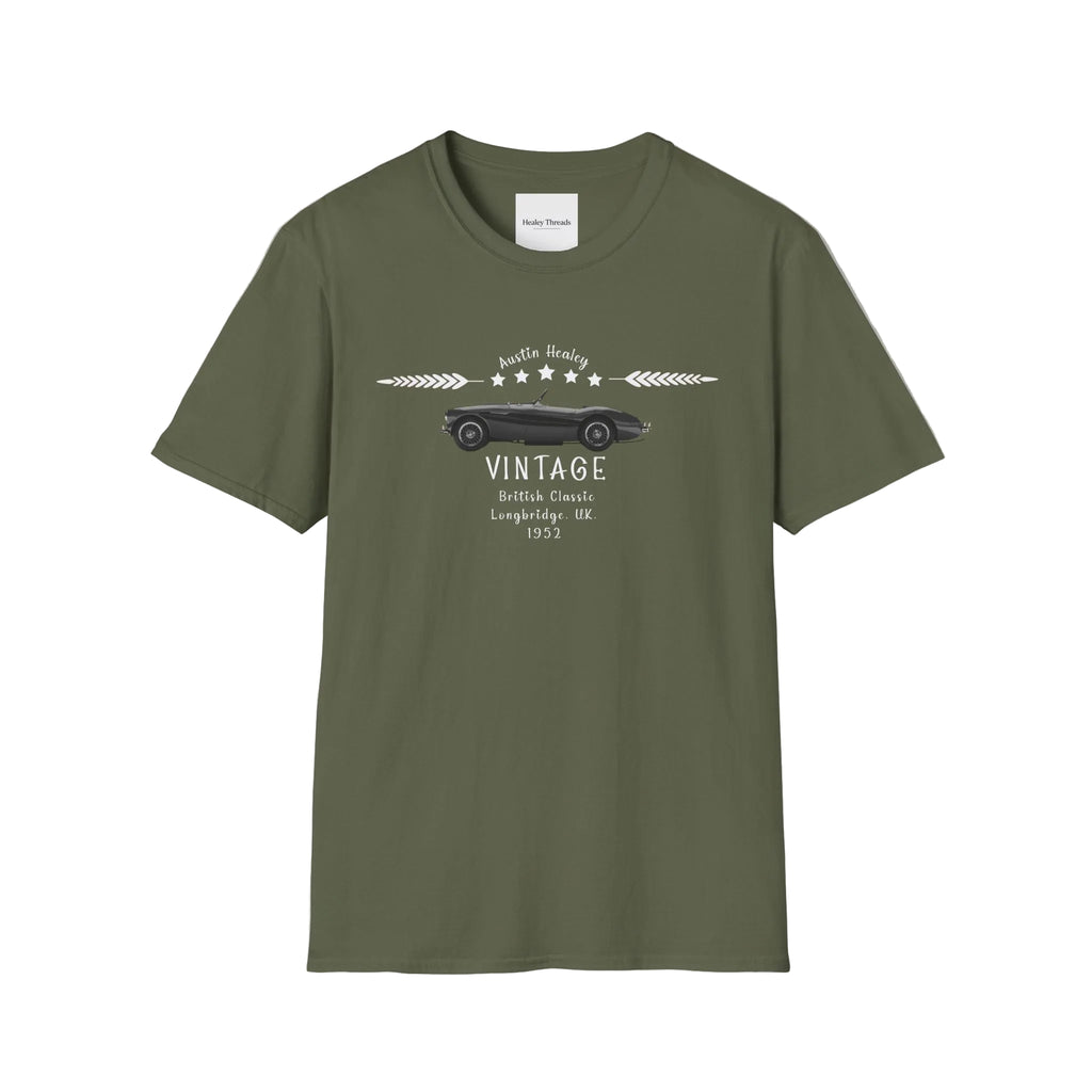 Military green t-shirt with vintage car graphic on a white background