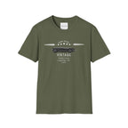 Military green t-shirt with vintage car graphic on a white background