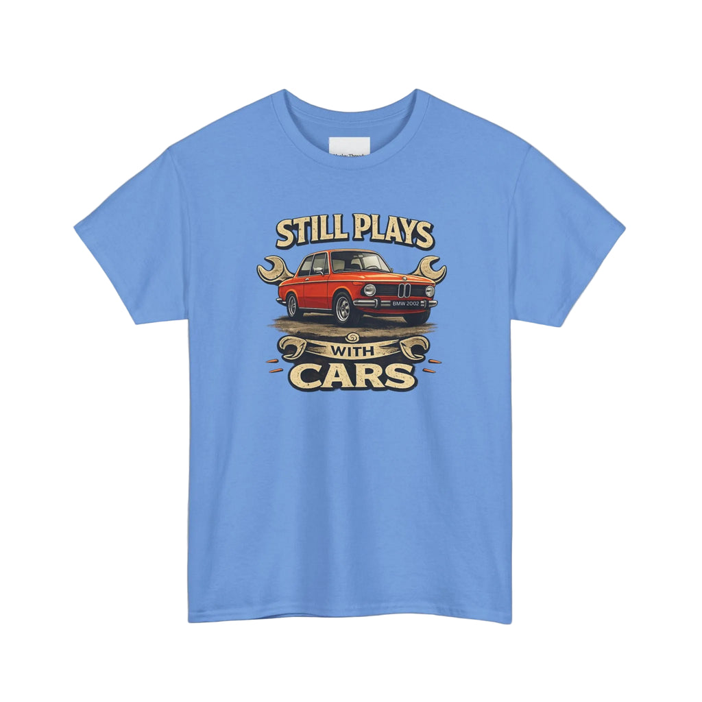 Carolina blue t-shirt with a graphic of a red car and text on a white background