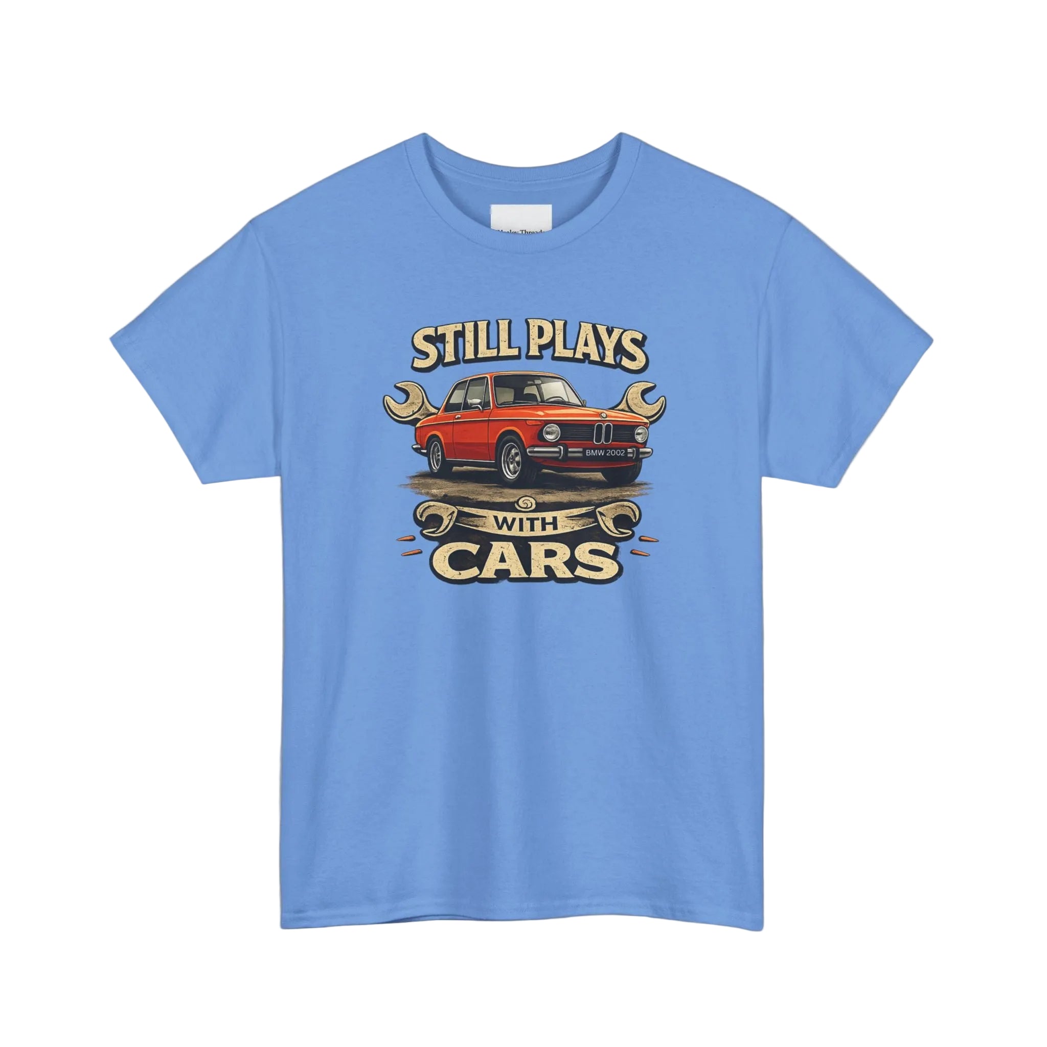 Carolina blue t-shirt with a graphic of a red car and text on a white background