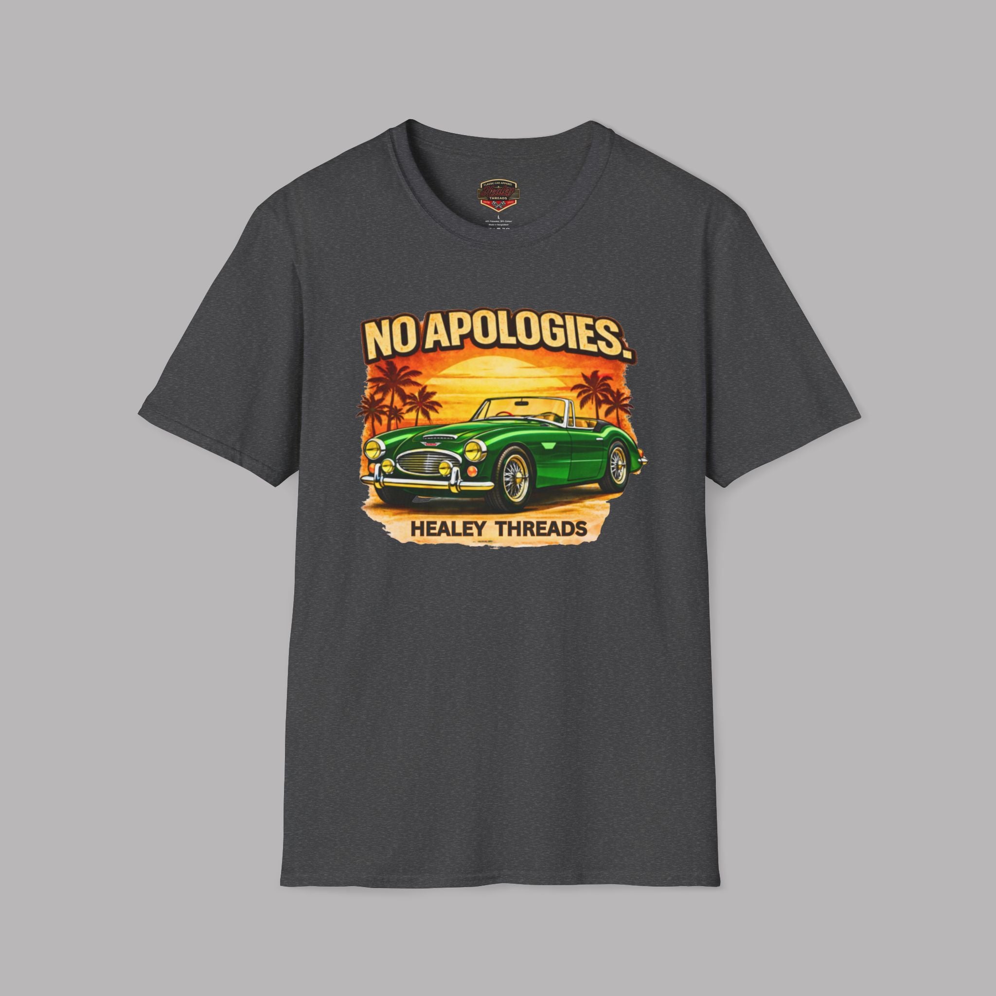 Dark heather t-shirt with a graphic of a green Healey car and sunset design on a gray background
