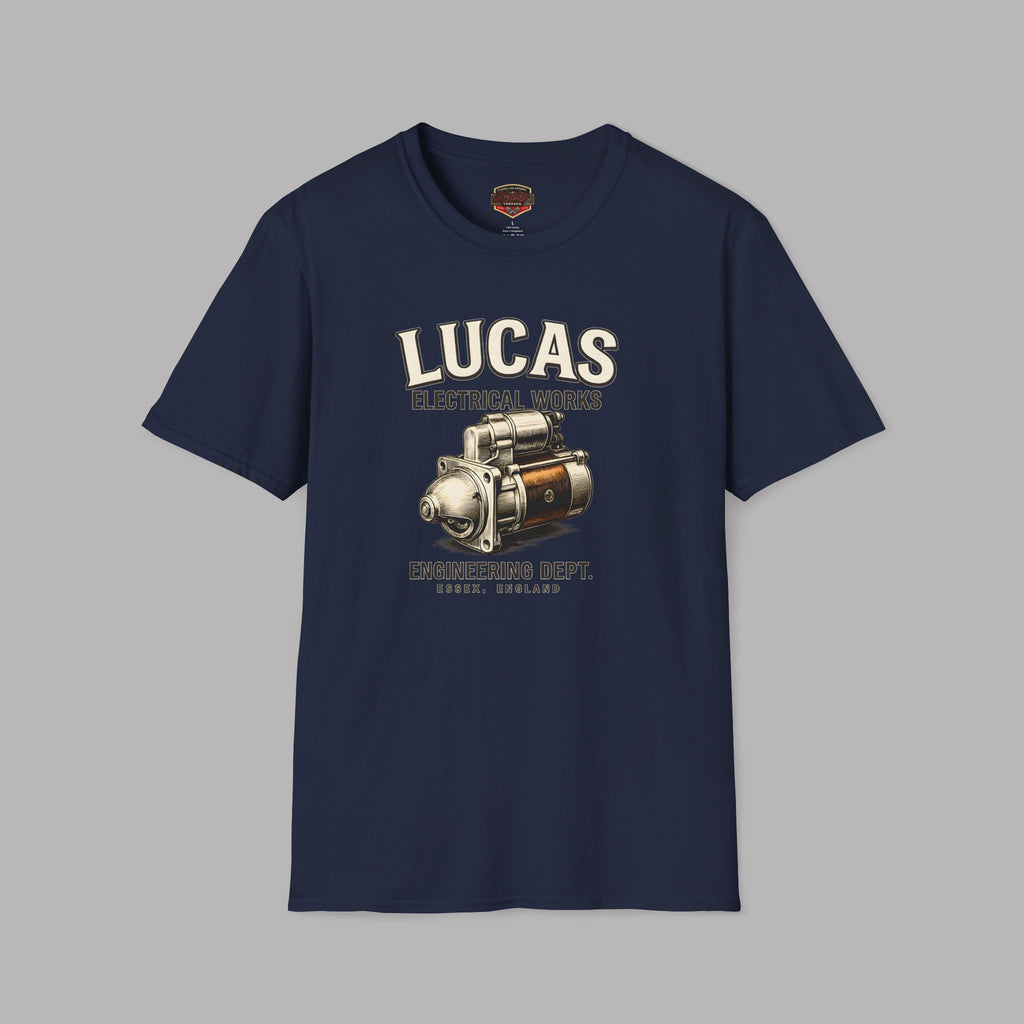 Navy blue t-shirt with Lucas Electrical Works graphic on a gray background