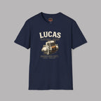 Navy blue t-shirt with Lucas Electrical Works graphic on a gray background