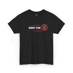 Black t-shirt with 'Save the stick shift' graphic design on a white background