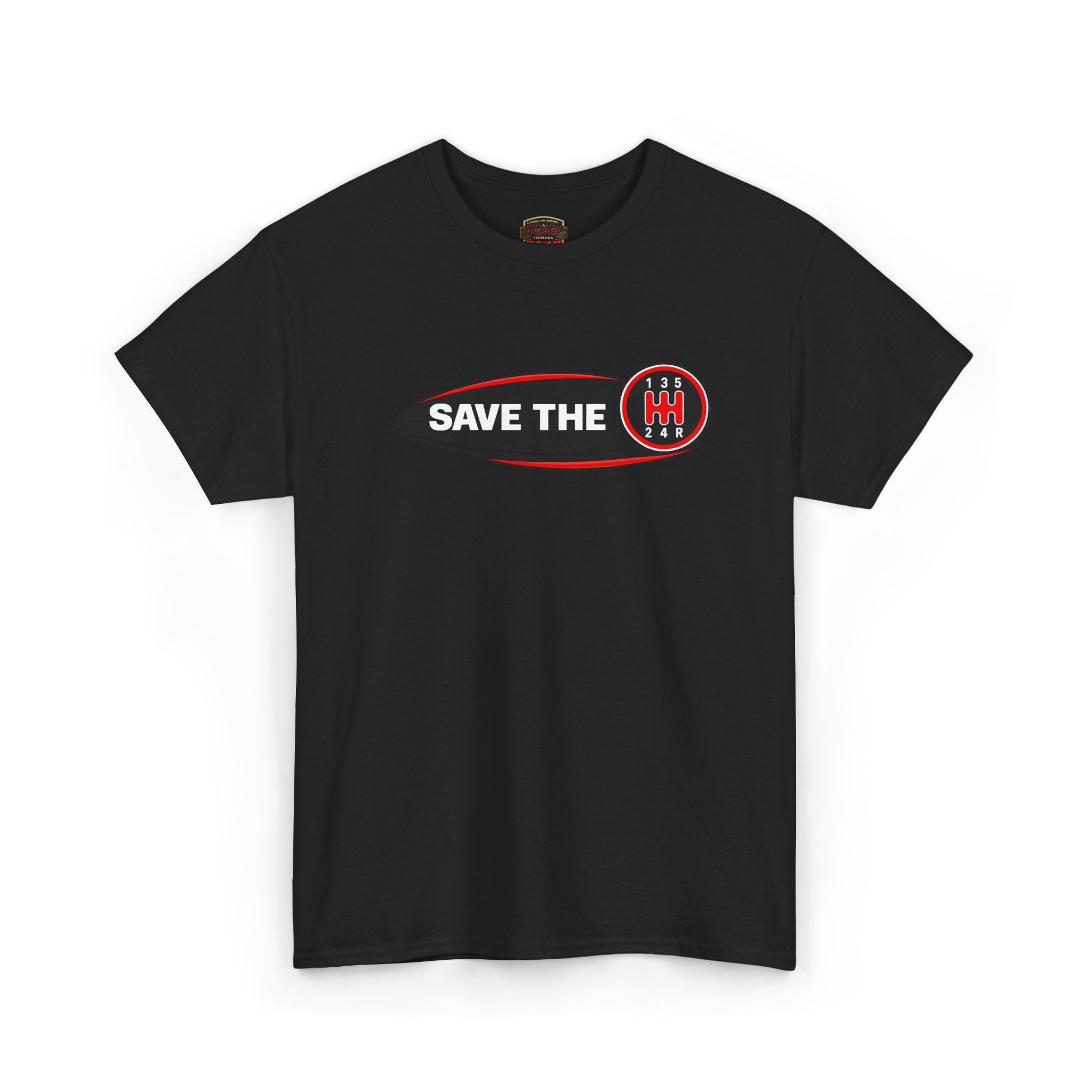 Black t-shirt with 'Save the stick shift' graphic design on a white background
