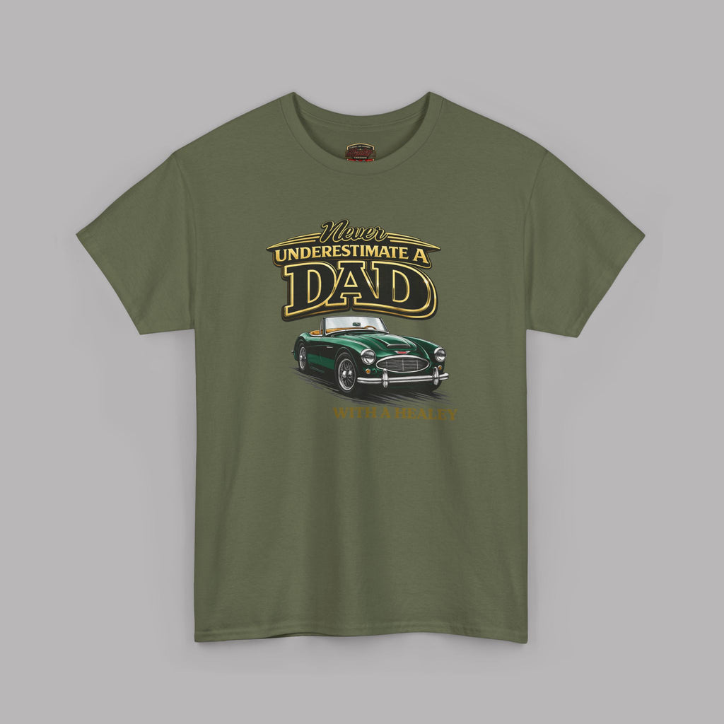 Military green t-shirt with a graphic of a classic car and text on a gray background