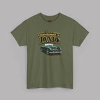 Military green t-shirt with a graphic of a classic car and text on a gray background