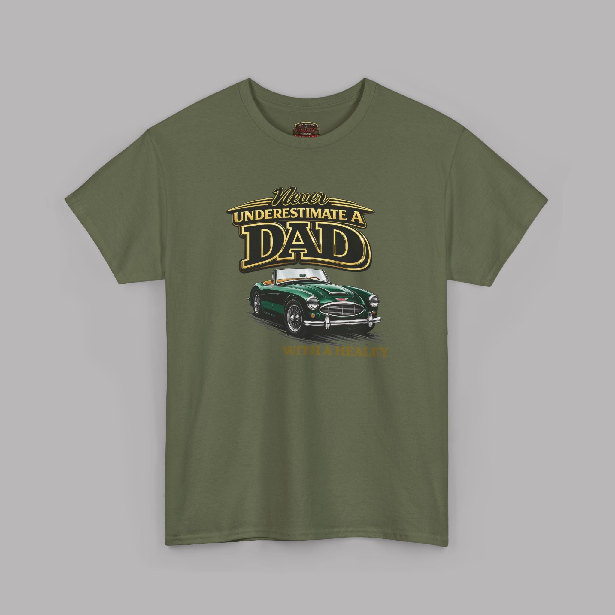 Military green t-shirt with a graphic of a classic car and text on a gray background