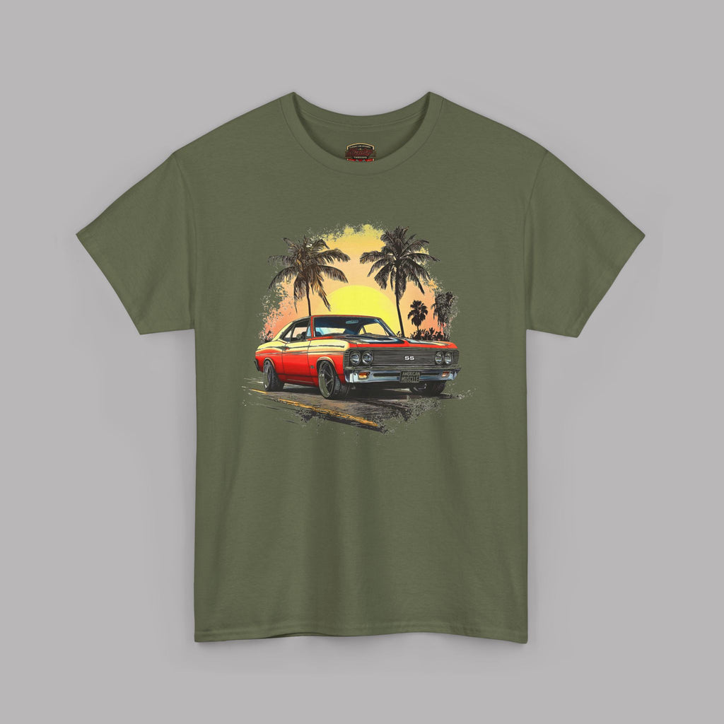 Military green t-shirt with a graphic of a car and palm trees on a gray background