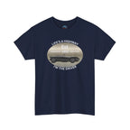 Navy blue t-shirt with a graphic design on a white background