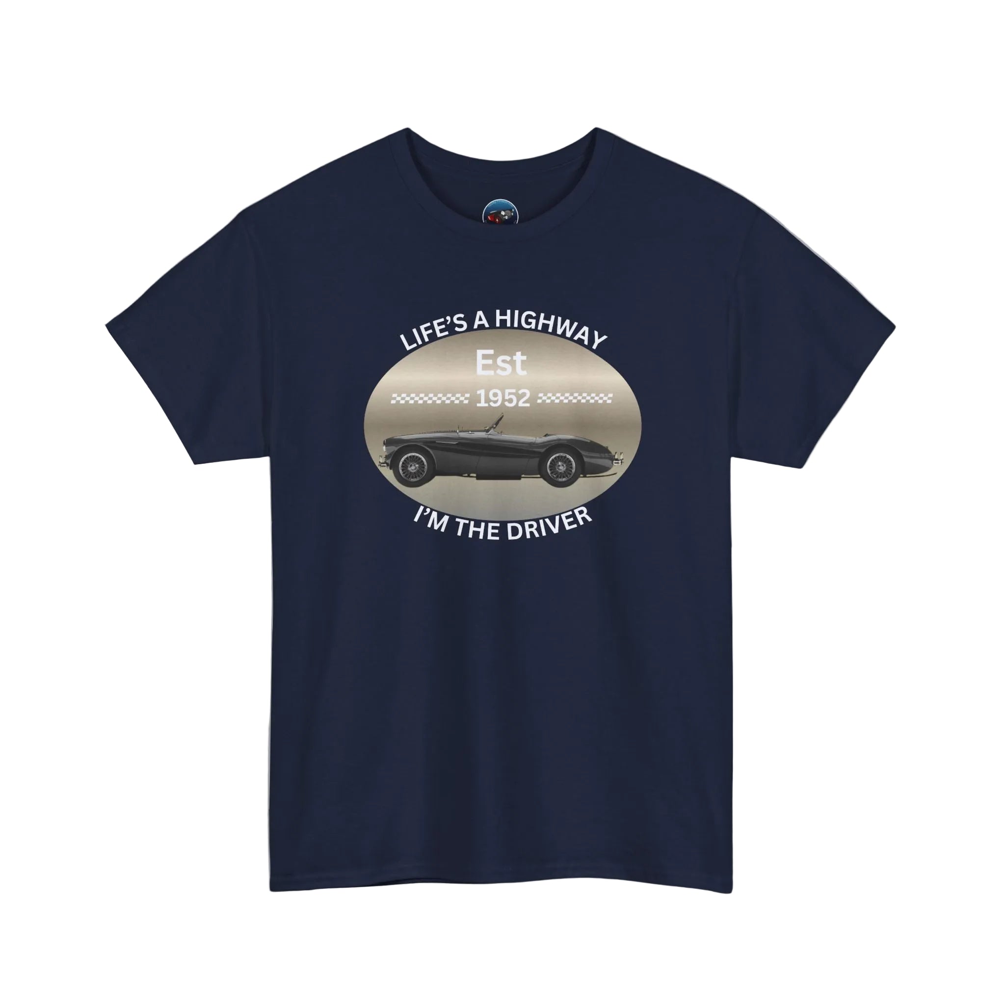 Navy blue t-shirt with a graphic design on a white background