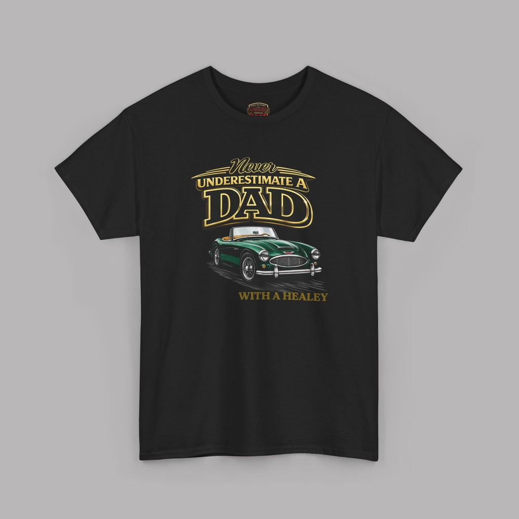Black t-shirt with a graphic of a green car and text on a gray background
