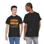 Black t-shirt with '70s Kid' graphic design worn by two models, front and back views.