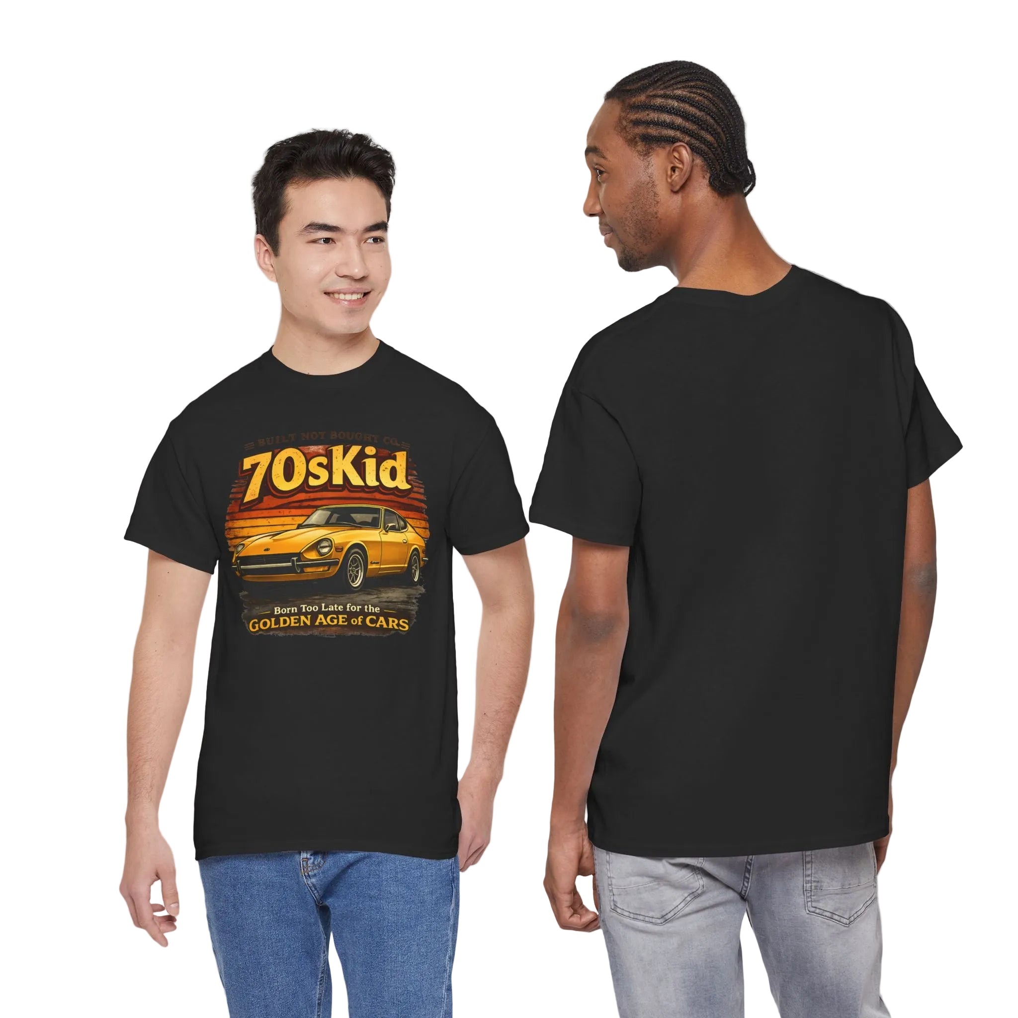 Black t-shirt with '70s Kid' graphic design worn by two models, front and back views.