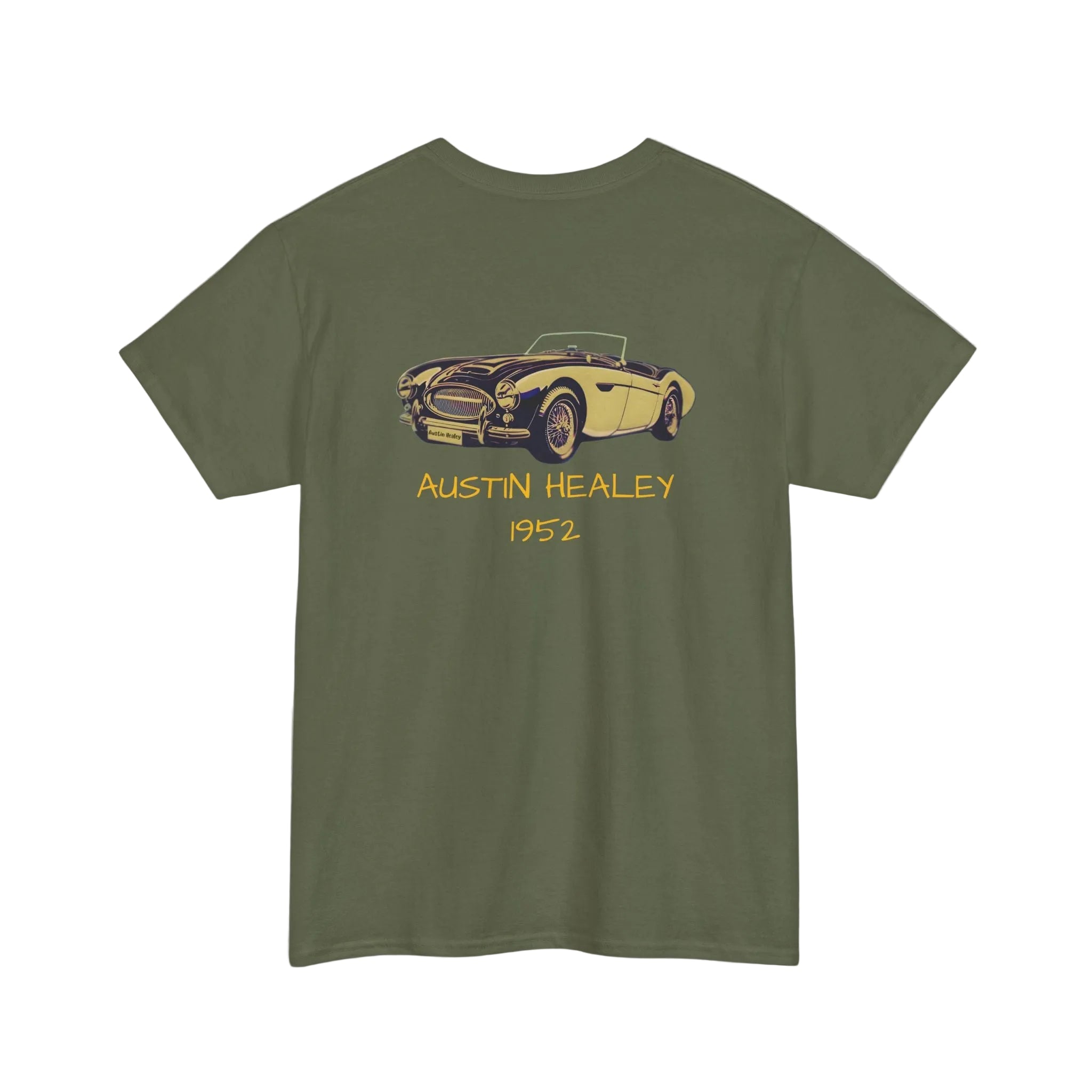 Back view of a military green t-shirt with Austin Healey 1952 graphic on a white background