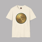Natural t-shirt with a gold and black classic car emblem on a gray background