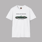White t-shirt with a green classic car graphic and text on a gray background