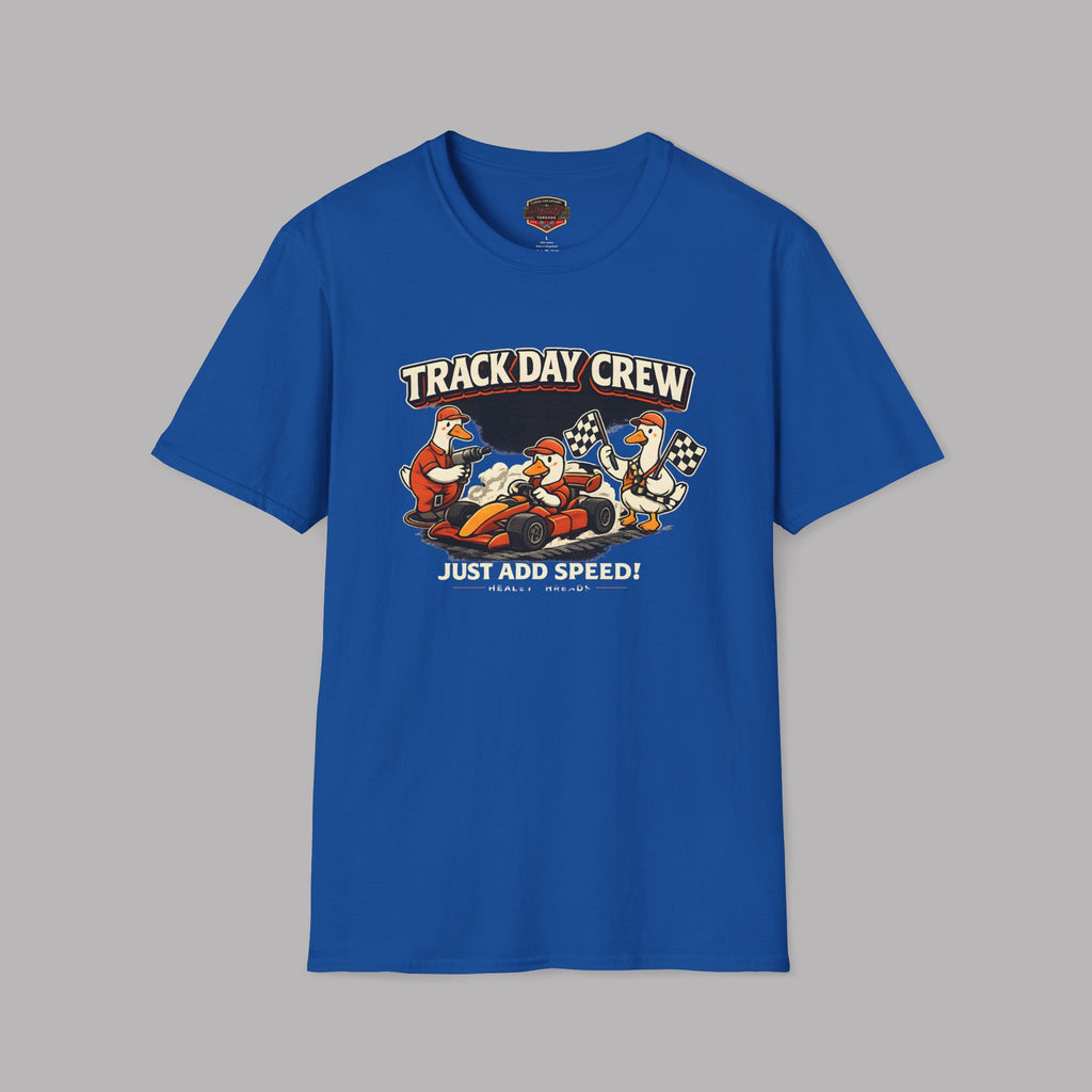 Royal blue t-shirt with 'Track Day Crew' graphic on a gray background