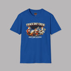 Royal blue t-shirt with 'Track Day Crew' graphic on a gray background