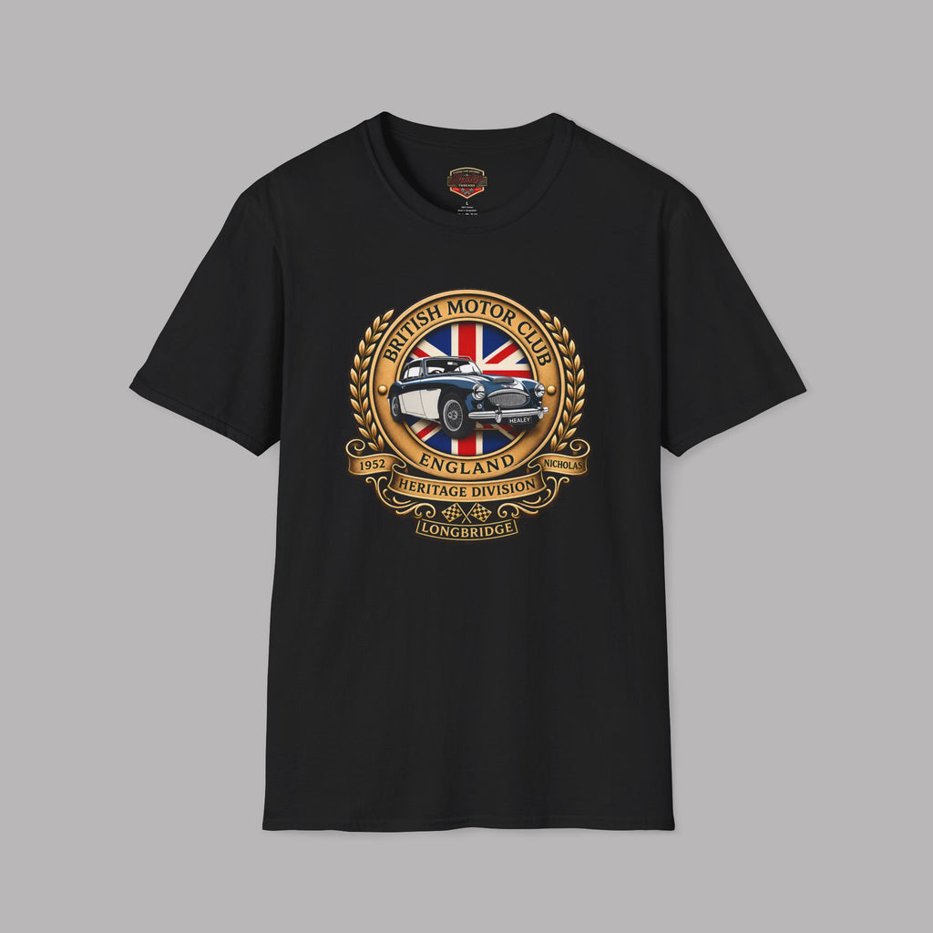 Black t-shirt with a British Motor Club logo on a gray background