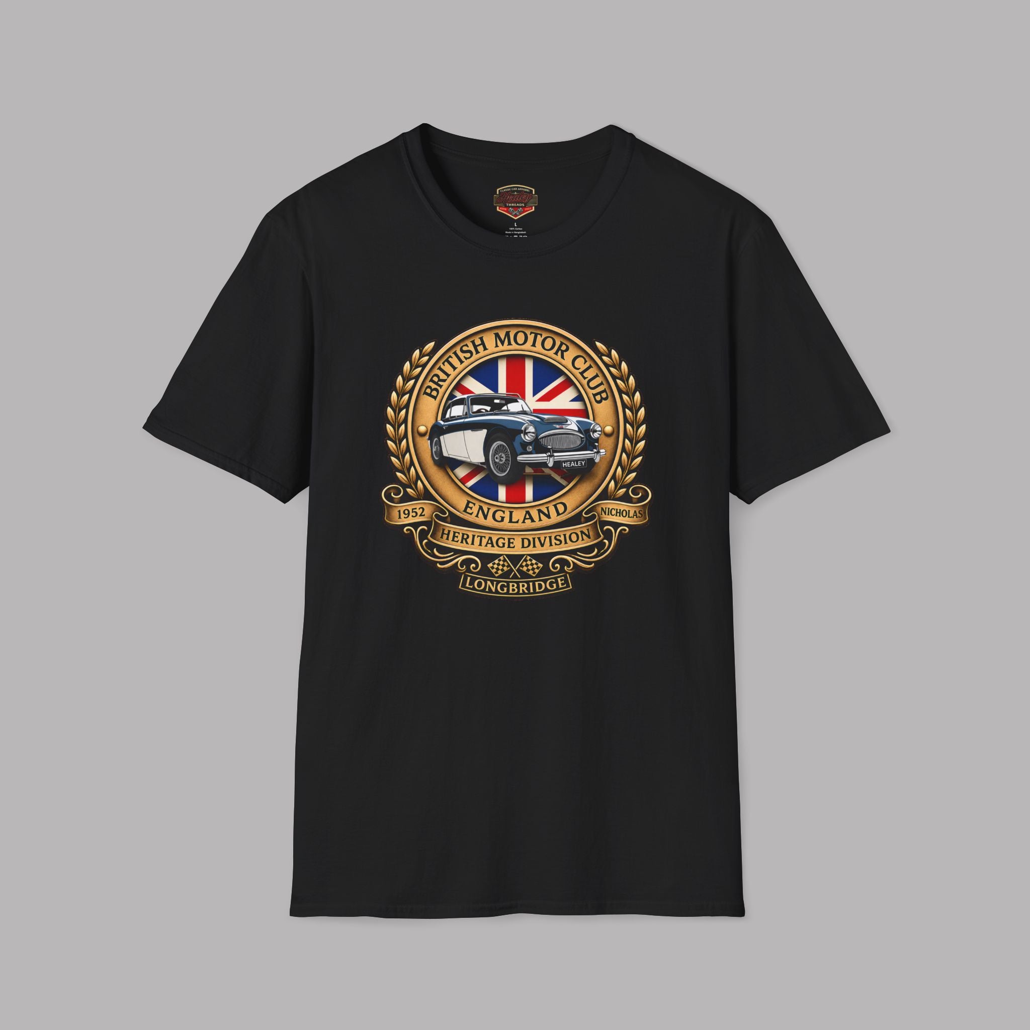 Black t-shirt with a British Motor Club logo on a gray background