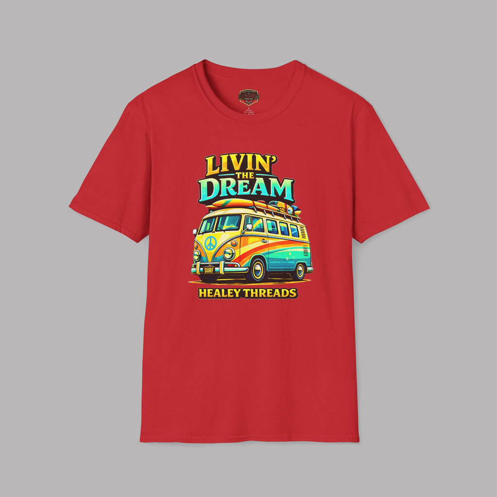 Red t-shirt with a colorful van graphic and text on a gray background