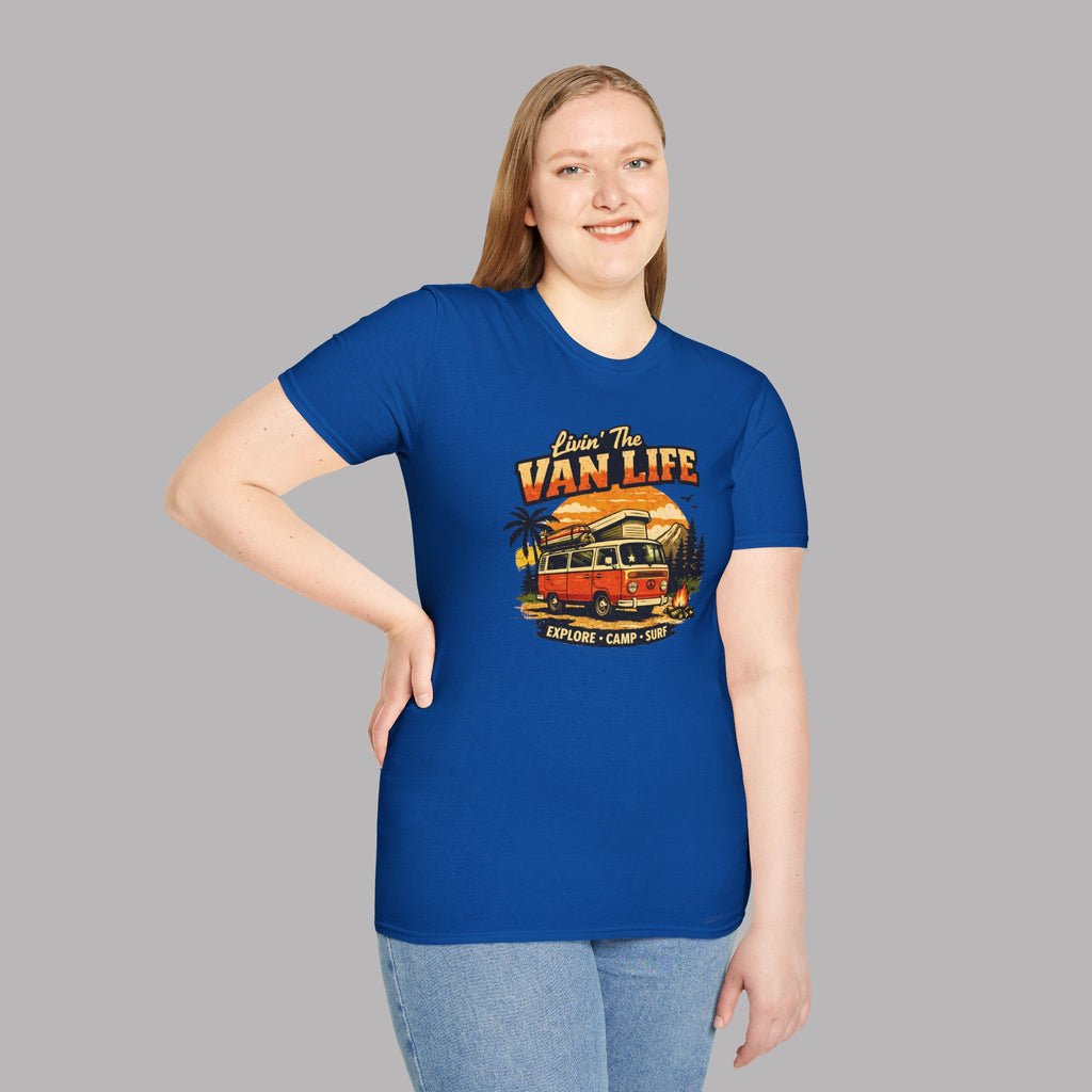 Woman wearing a royal blue t-shirt with 'Van Life' graphic design on a gray background